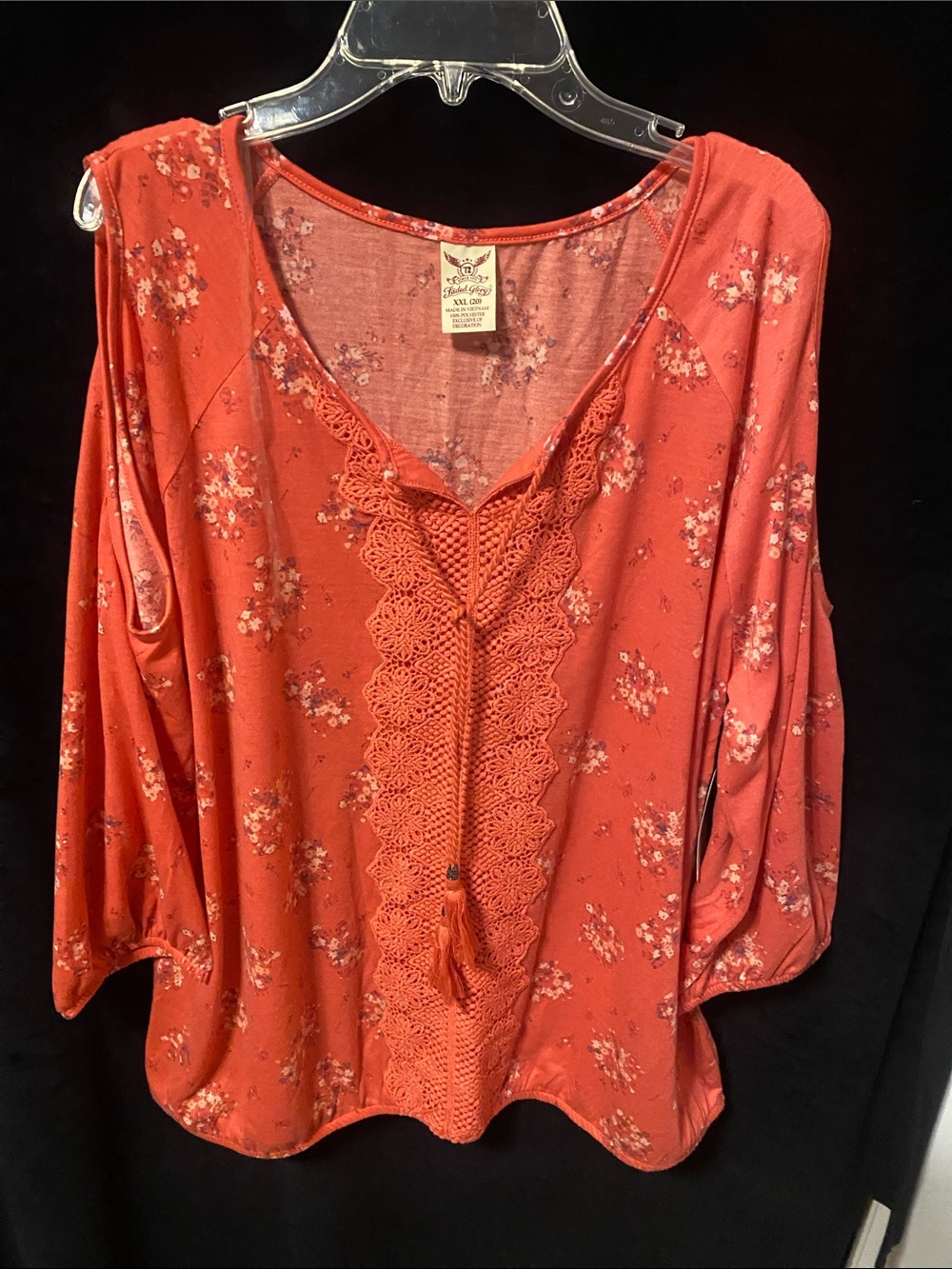 Faded Glory Coral Floral Crochet-Front Peasant Blouse
